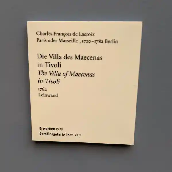 Large landscape painting depicting a dramatic natural scene with human figures, The villa of Maecenas in Tivoli, located in Bode Museum